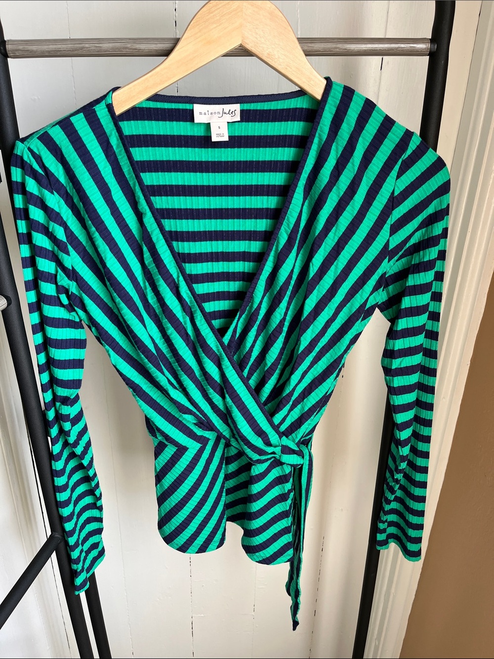 Maison Jules Green and Navy Striped Wrap Top